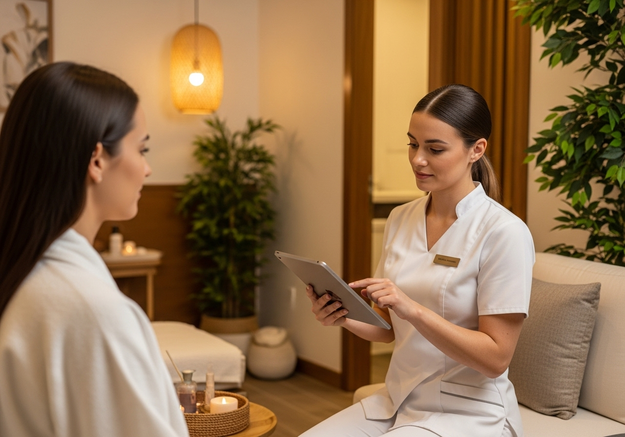 Spa professional using tablet to consult with client in modern wellness setting